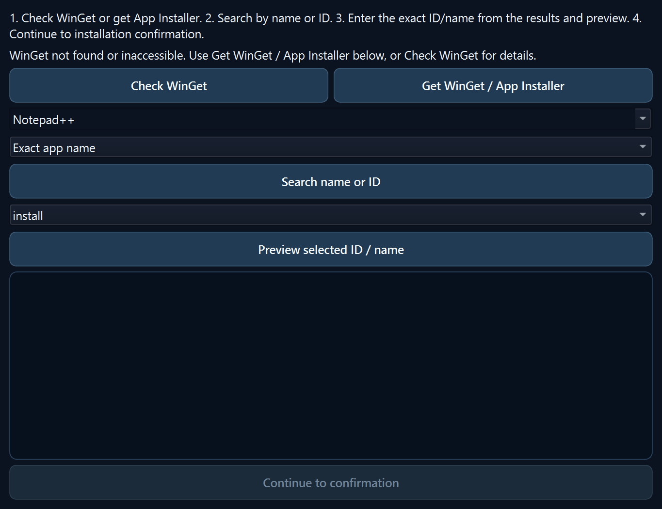 RG Windows Toolkit software install workflow: check WinGet, search by name or ID, preview, then confirm
